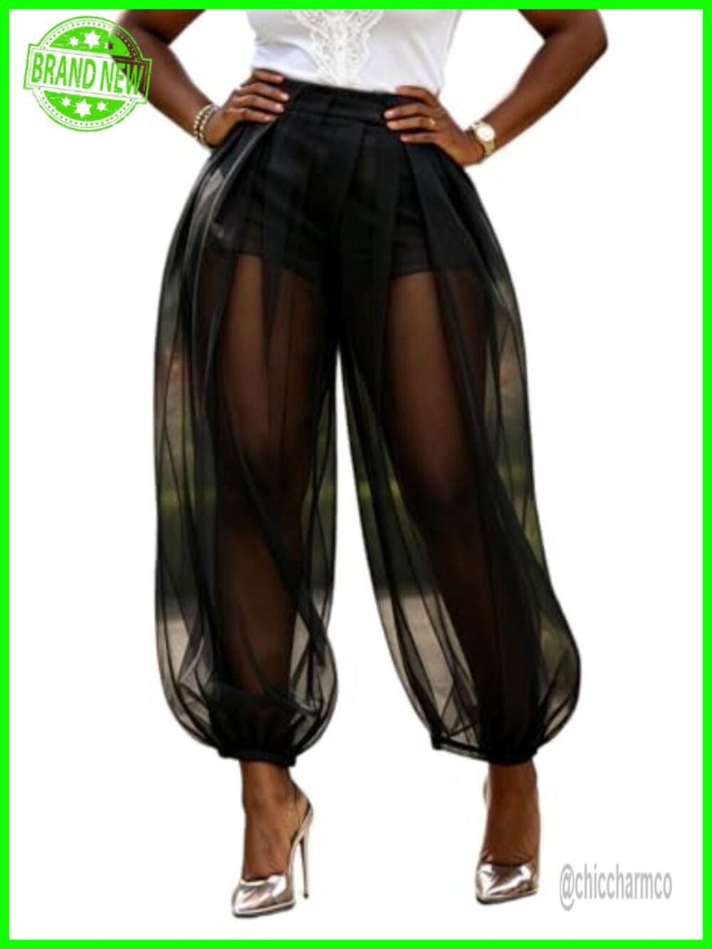Women Sheer Tulle Mesh Balloon Lantern Pants Pleated High Waist Barrel Trousers